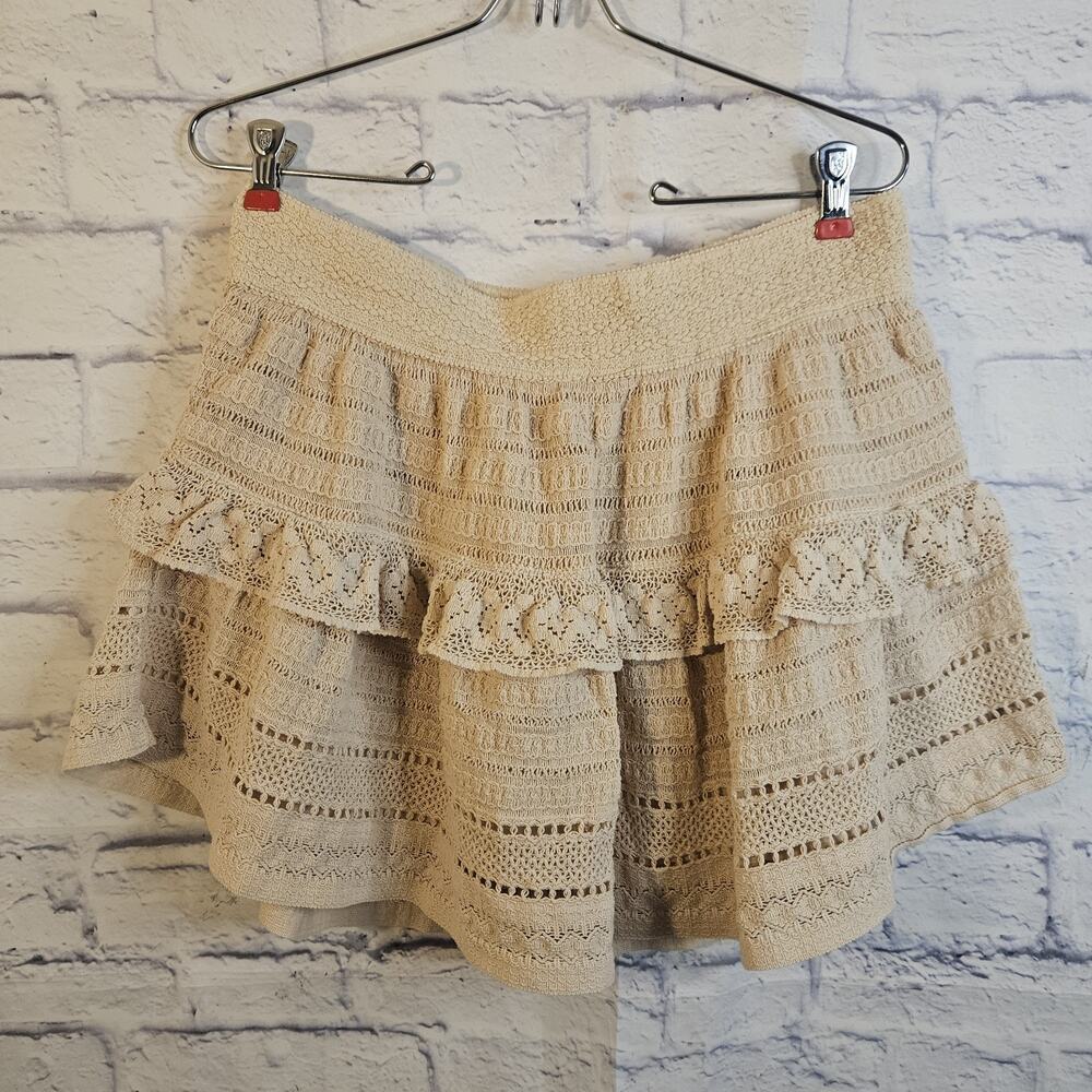 Aerie Mini Skirt Elastic Waist Tiered Ruffle Women’s Size Large Beige